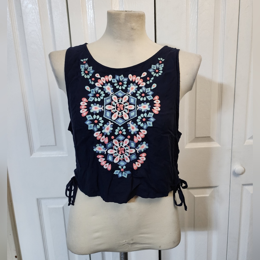 Hollister Navy Blue Colorful Embroidered Tank Top W/ Side Ties